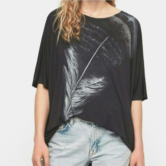 ALLSAINTS Feather Dreams Black T Shirt Oversized Edgy Streetwear Casual Top XS - Picture 1 of 16